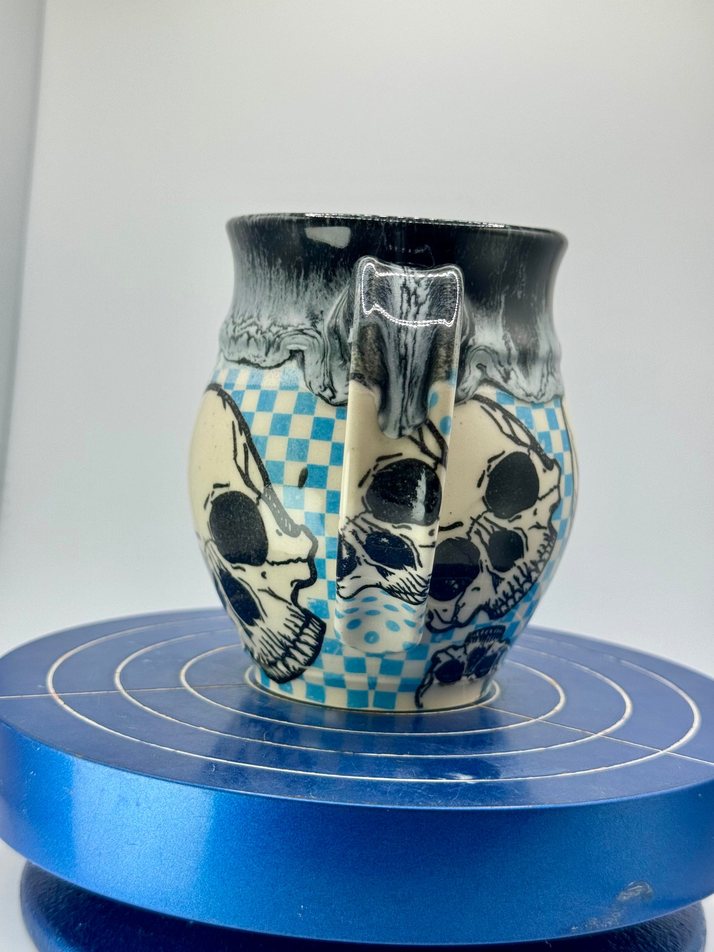 Blue Checkered Graphic Skull + Donut Stoneware Coffee and Tea Mug