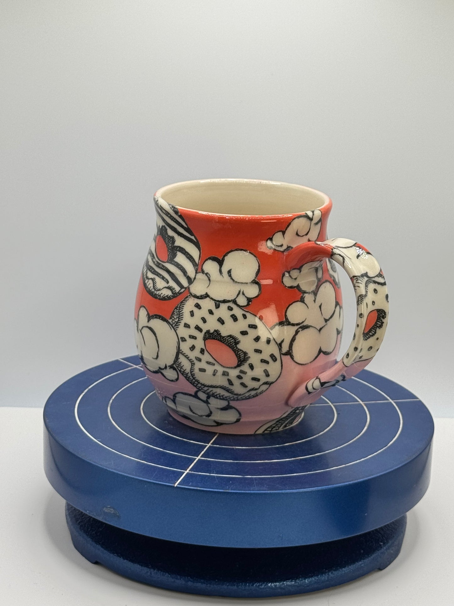 Short Red and Pink Cloudy Donut Stoneware Coffee and Tea Mug