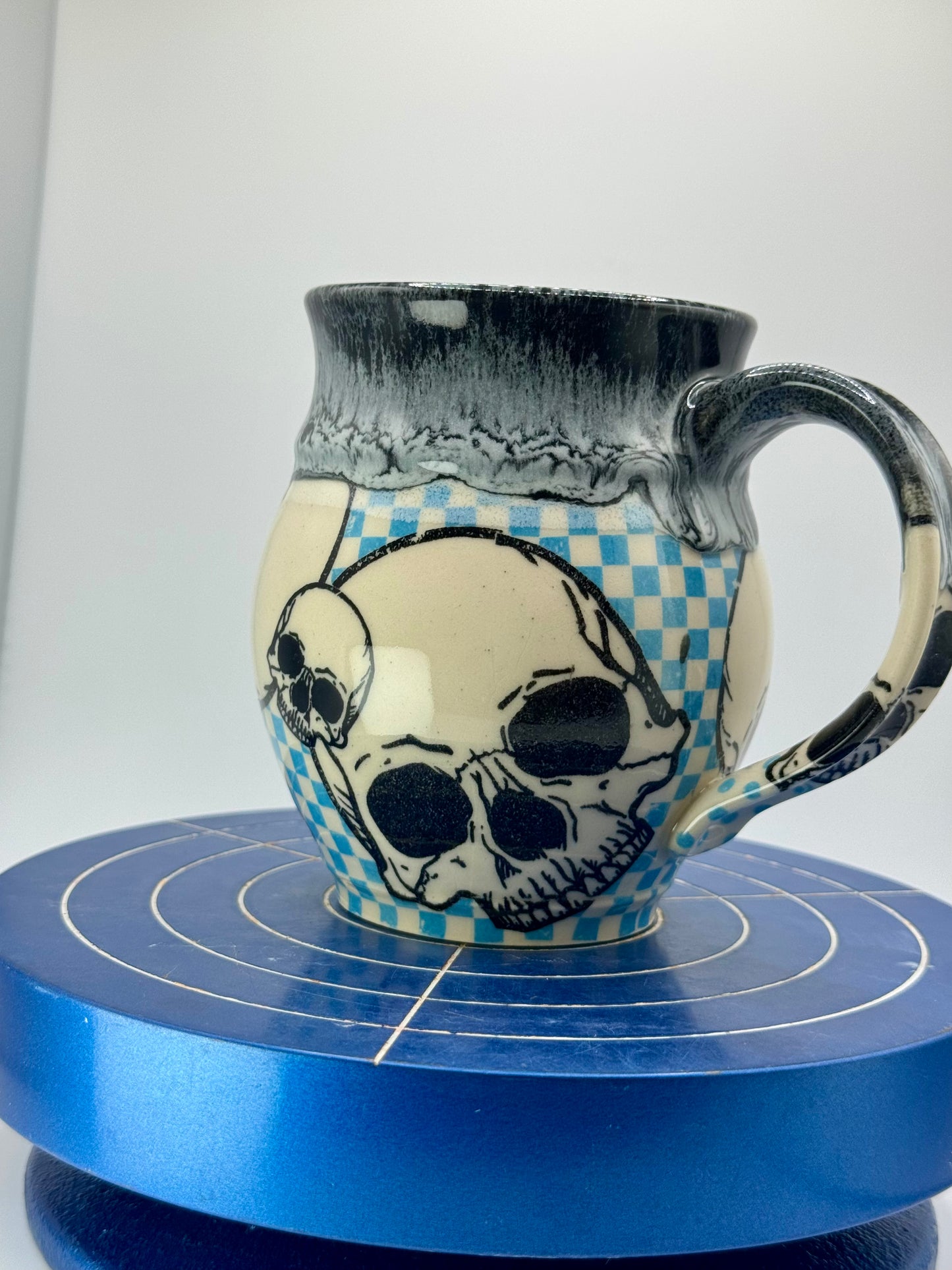 Blue Checkered Graphic Skull + Donut Stoneware Coffee and Tea Mug