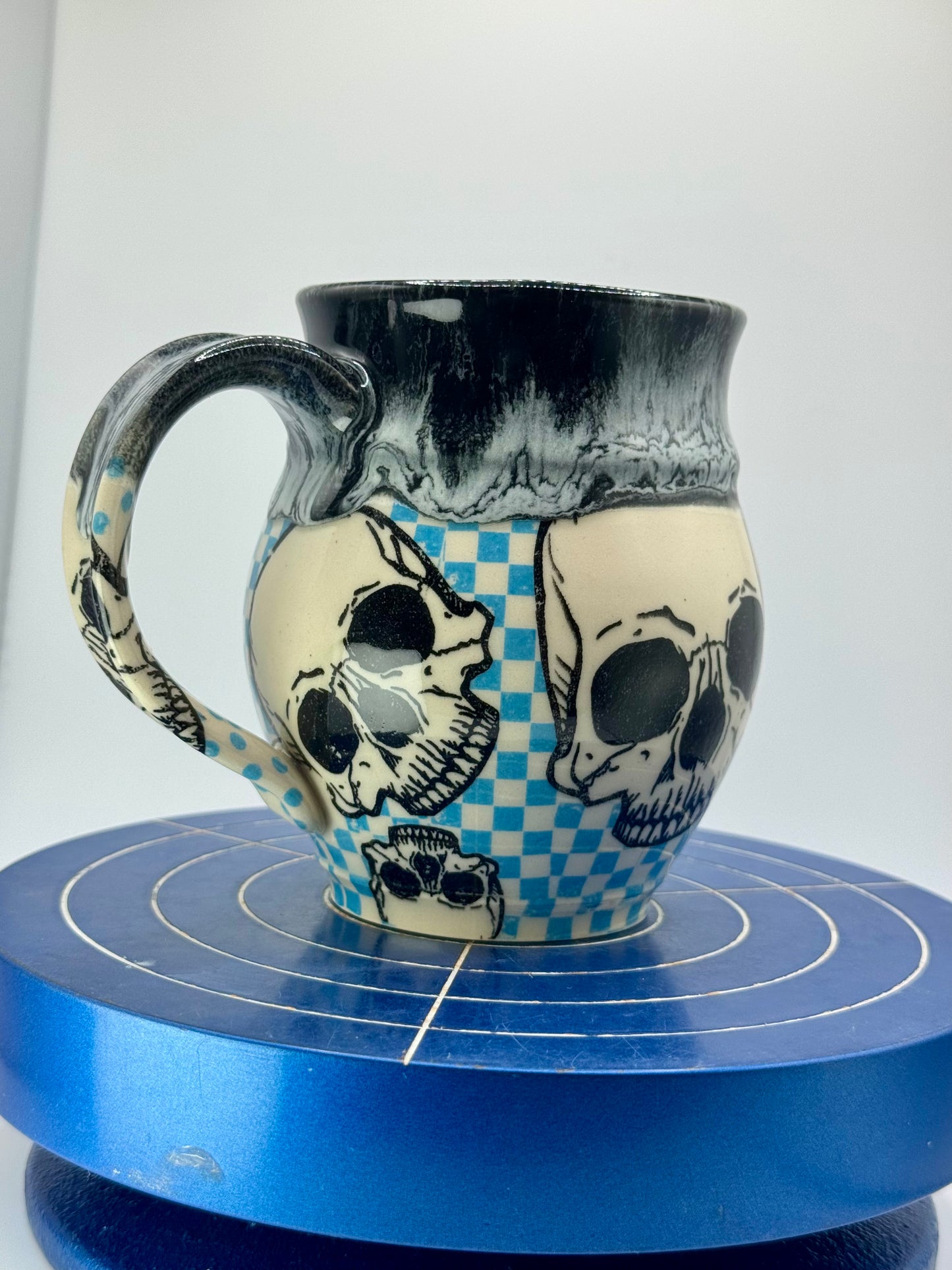 Blue Checkered Graphic Skull + Donut Stoneware Coffee and Tea Mug
