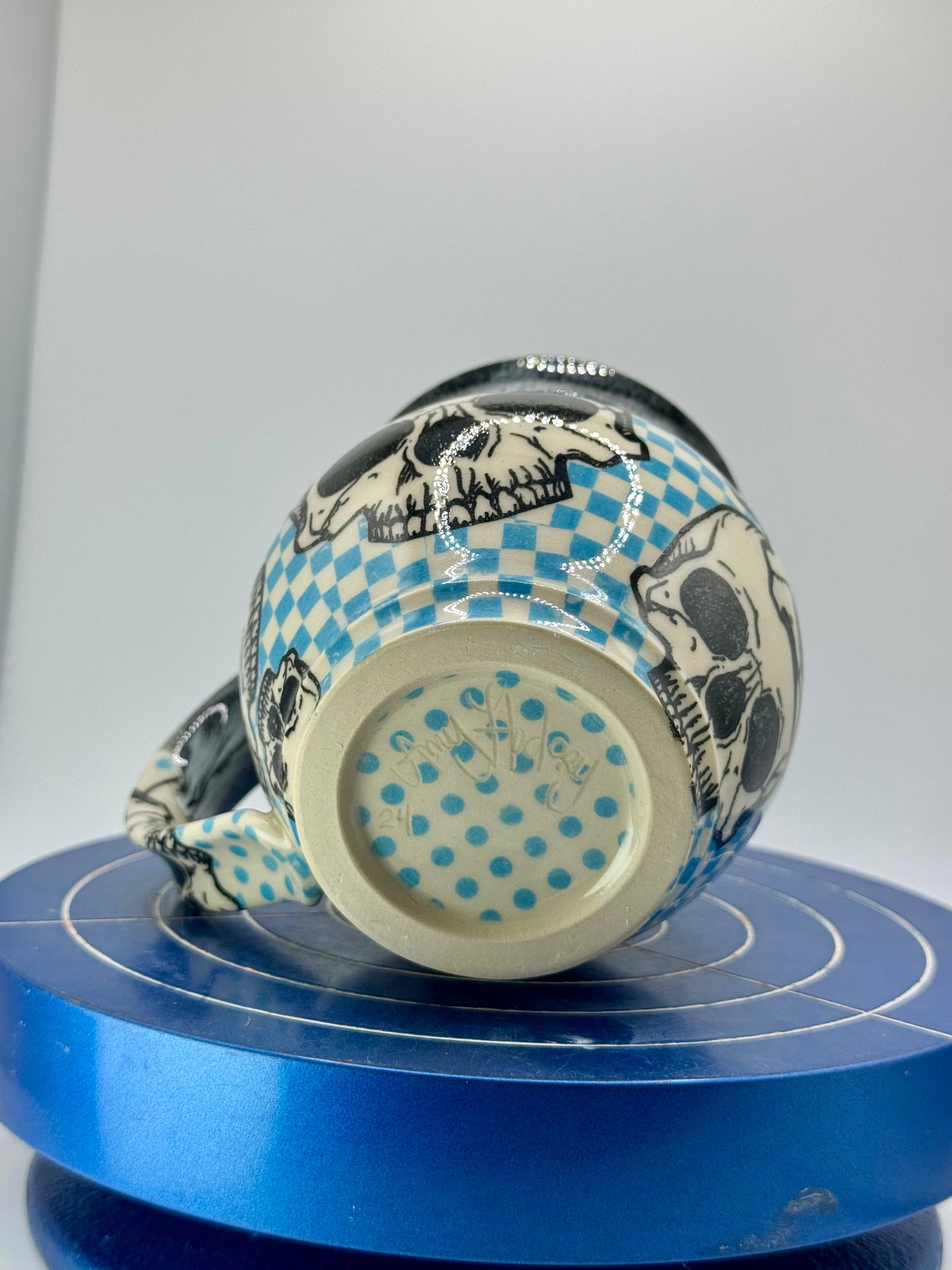 Blue Checkered Graphic Skull + Donut Stoneware Coffee and Tea Mug