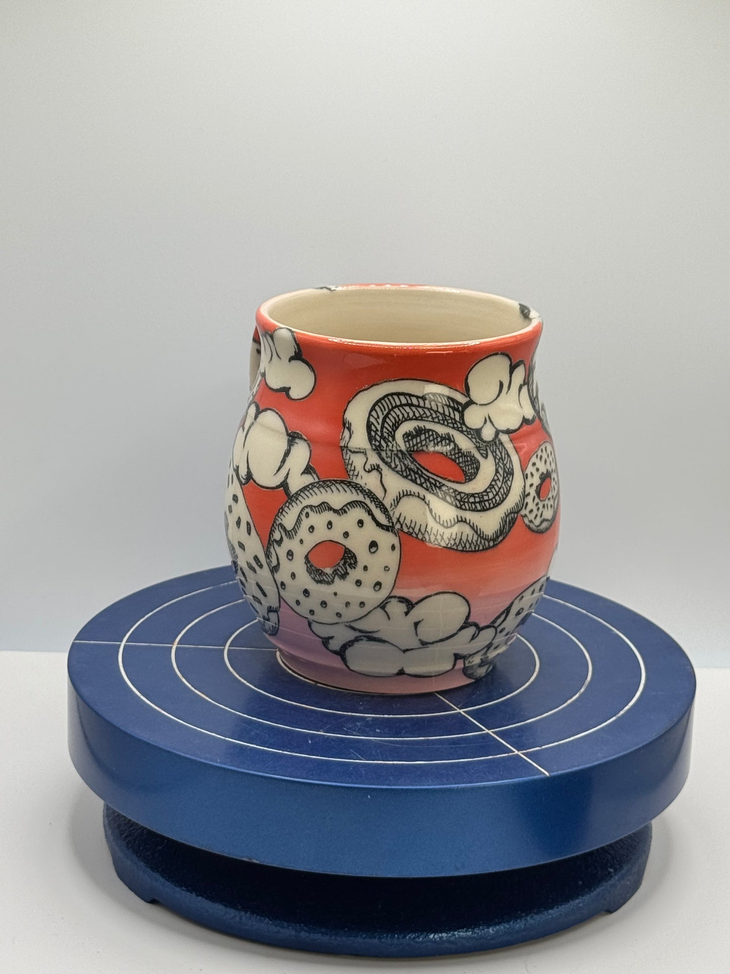 Short Red and Pink Cloudy Donut Stoneware Coffee and Tea Mug