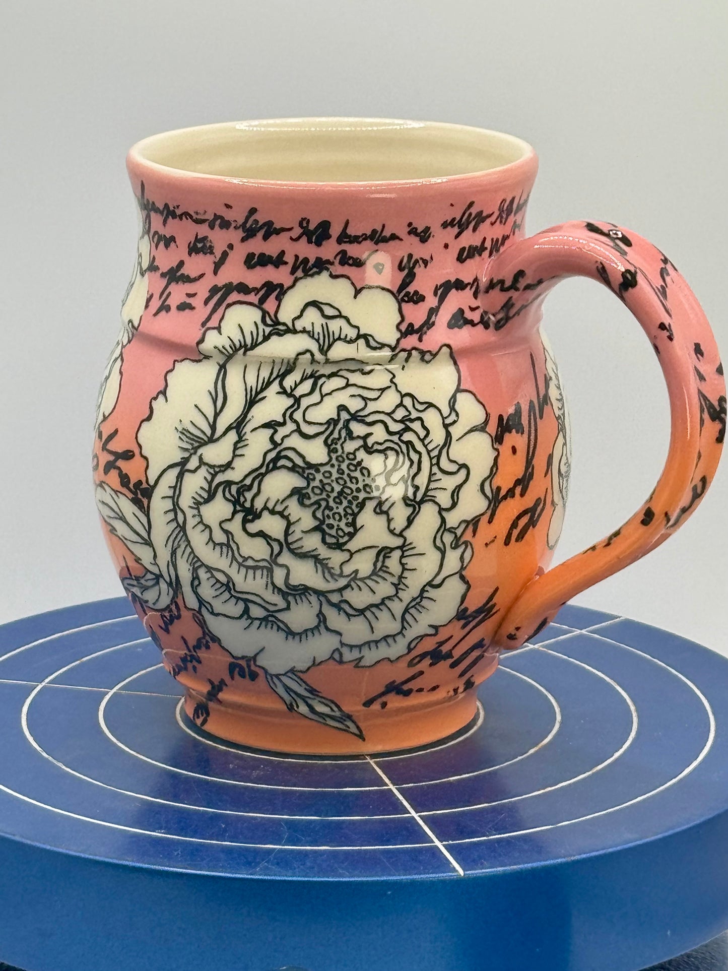 Flowers and Script Stoneware Coffee and Tea Mug