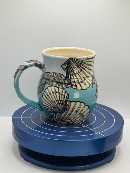 Shells and Banana Leaves in Blue Ombré Stoneware Coffee and Tea Mug