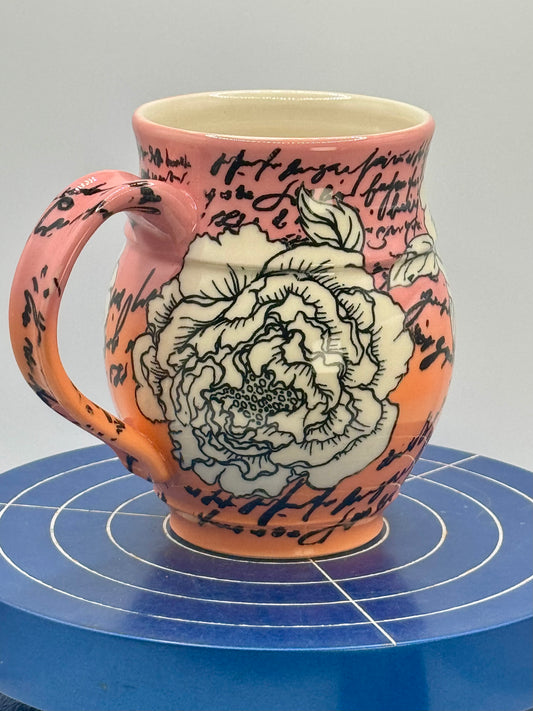 Flowers and Script Stoneware Coffee and Tea Mug