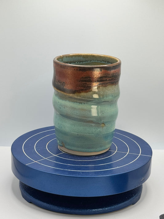 Blue and Copper Swirly Stoneware Coffee and Tea tumbler