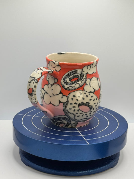 Short Red and Pink Cloudy Donut Stoneware Coffee and Tea Mug