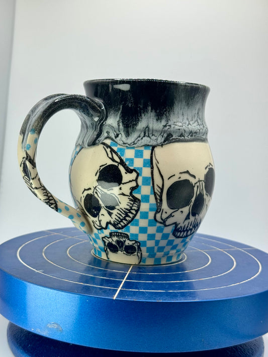Blue Checkered Graphic Skull + Donut Stoneware Coffee and Tea Mug