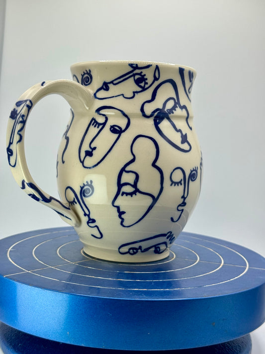 Blue Abstract Faces Stoneware Coffee and Tea Mug
