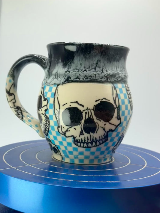 Blue Checkered Graphic Skull + Donut Stoneware Coffee and Tea Mug