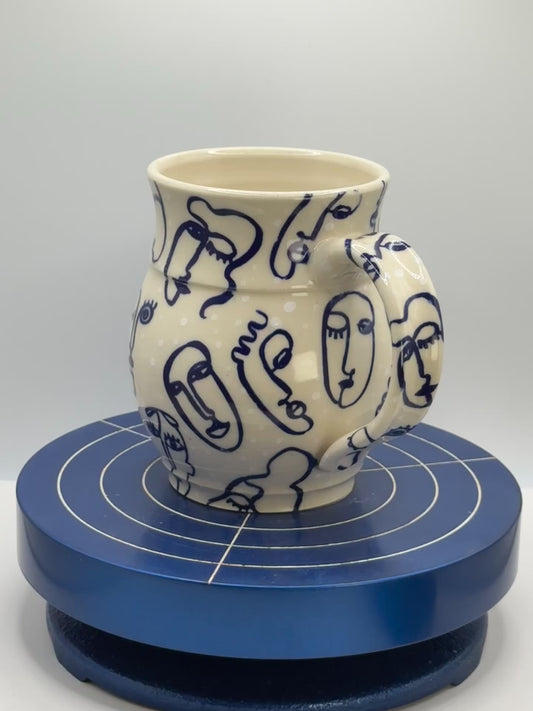 Blue Faces and Dots Stoneware Coffee and Tea Mug