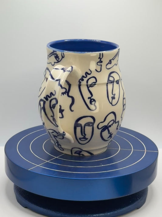 Blue Faces Stoneware Coffee and Tea Mug